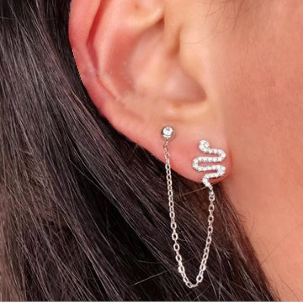 Boucles d'Oreilles Serpent <br> Chaîne Pendante (Argent)